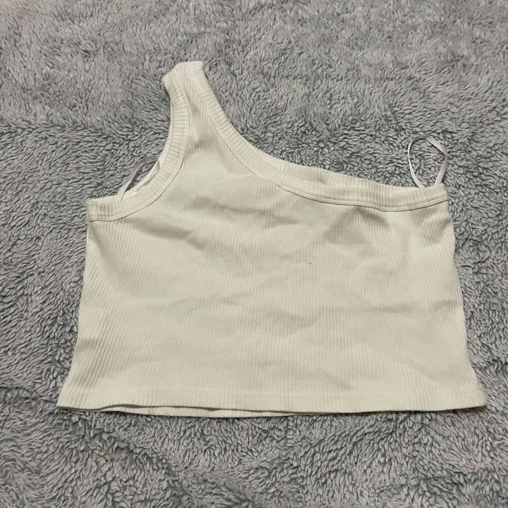 Large one shoulder white ribbed top, SHEIN